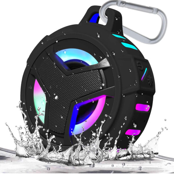 EBODA Bluetooth Shower Speaker， Portable Bluetooth Speakers， IP67 Waterproof Wireless Speaker with LED Light， Floating， 2000mAh， True Wireless Stereo for Kayak， Beach， Gifts for unisex -Black