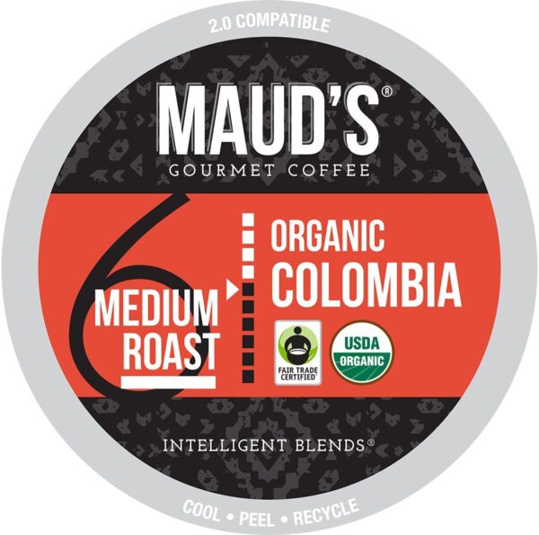 Maud's Organic Colombian Coffee (Organic Medium Roast Coffee)， 24ct. Solar Energy Produced Recyclable Single Serve Fair Trade Single Origin Organic Coffee Pods - 100% Arabica Coffee， KCup Compatible