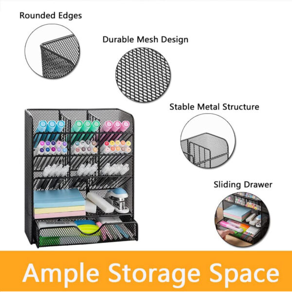 Spacrea Metal Pen Organizer, Pencil Holder for Desk, Desk Organizer with Drawer for School, Home, Art Supplies (Black)