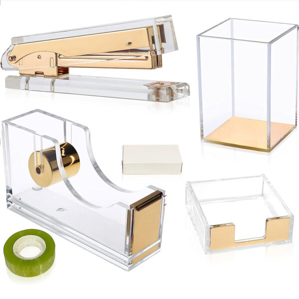 Varuni- Gold Desk Accessories- Office Accessories -Gift Set- Heavy Duty Stapler, Pen Organizer, Tape Dispenser Desk, Clear Sticky Notes- Including Clear Tape and 1000 Staples- Acrylic Desk