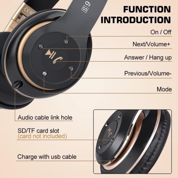Prtukyt 6S Wireless Bluetooth Headphones Over Ear, Hi-Fi Stereo Foldable Wireless Stereo Headsets Earbuds with Built-in Mic, Volume Control, FM for Phone/PC (Black & Gold) - Image 4