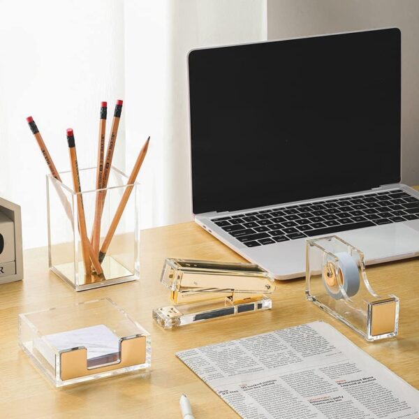 Varuni- Gold Desk Accessories- Office Accessories -Gift Set- Heavy Duty Stapler, Pen Organizer, Tape Dispenser Desk, Clear Sticky Notes- Including Clear Tape and 1000 Staples- Acrylic Desk - Image 3