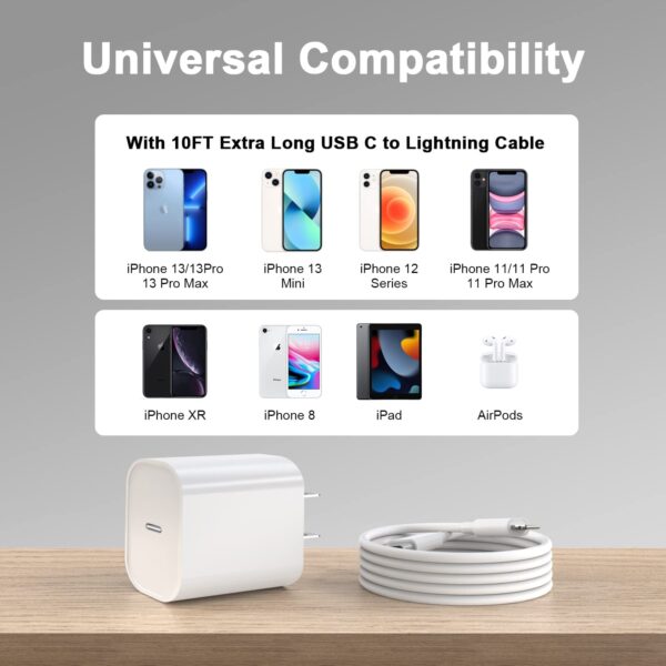 iPhone Charger 10 FT, 3 Pack [Apple MFi Certified] PD 20W USB C iPhone Charger Fast Charging Block with 10FT Long Type C to Lightning Cable Compatible for iPhone 14 13 12 11 Pro Max XS XR X 8 iPad - Image 7