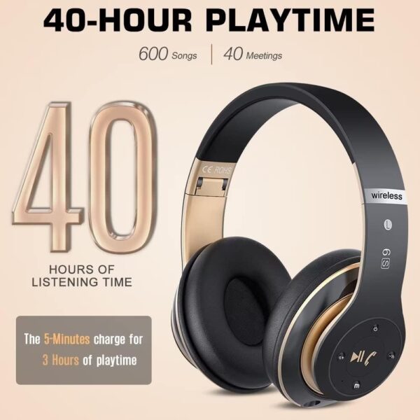 Prtukyt 6S Wireless Bluetooth Headphones Over Ear, Hi-Fi Stereo Foldable Wireless Stereo Headsets Earbuds with Built-in Mic, Volume Control, FM for Phone/PC (Black & Gold) - Image 6