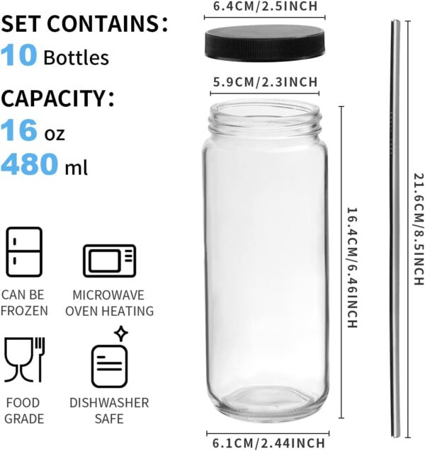 16oz 8 Pack Drinking Glasses with Bamboo Lids and Straw, RUCKAE Beer Can Glass Cups,Iced Coffee Cup,Glass Tumbler with Straw and Lid, Can Shaped Glass Cups for Beer,Smoothies,Cocktail,Whiskey - Image 5