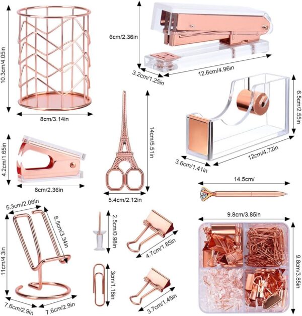 Rose Gold Office Supplies and Accessories, Acrylic Stapler, Staple Remover, Tape Dispenser, Pen Holder, Phone Holder, Scissors, Paper Clips, Binder Clips, 2 Pen and 1000 pcs Staples - Image 7