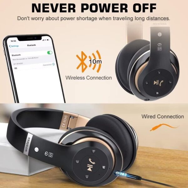 Prtukyt 6S Wireless Bluetooth Headphones Over Ear, Hi-Fi Stereo Foldable Wireless Stereo Headsets Earbuds with Built-in Mic, Volume Control, FM for Phone/PC (Black & Gold) - Image 7