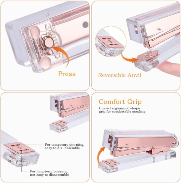 Rose Gold Office Supplies and Accessories, Acrylic Stapler, Staple Remover, Tape Dispenser, Pen Holder, Phone Holder, Scissors, Paper Clips, Binder Clips, 2 Pen and 1000 pcs Staples - Image 6