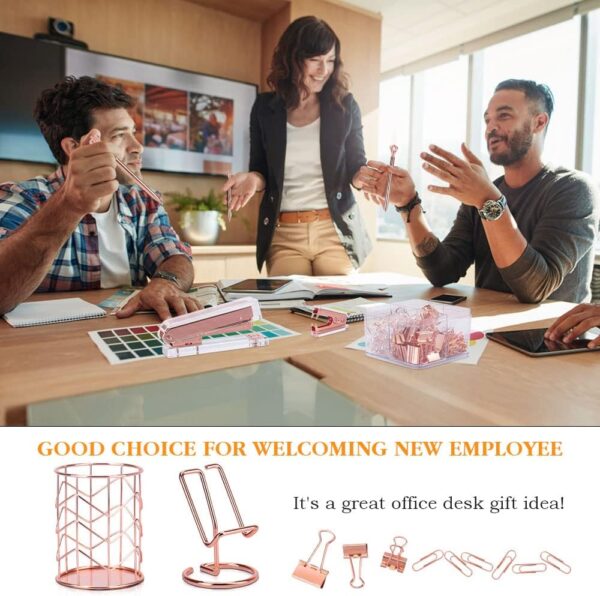 Rose Gold Office Supplies and Accessories, Acrylic Stapler, Staple Remover, Tape Dispenser, Pen Holder, Phone Holder, Scissors, Paper Clips, Binder Clips, 2 Pen and 1000 pcs Staples - Image 4