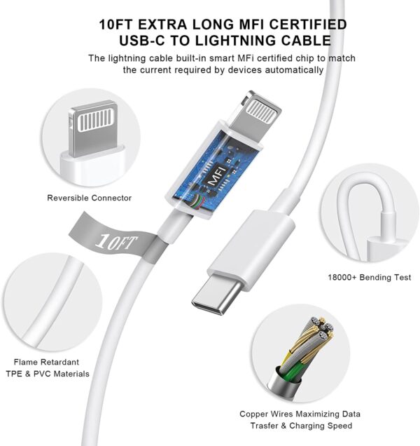 iPhone Charger 10 FT, 3 Pack [Apple MFi Certified] PD 20W USB C iPhone Charger Fast Charging Block with 10FT Long Type C to Lightning Cable Compatible for iPhone 14 13 12 11 Pro Max XS XR X 8 iPad - Image 5