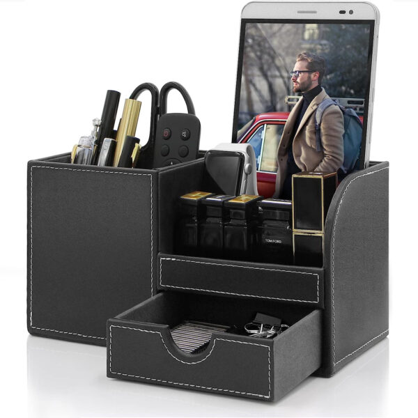 TooCust Leather Office Desk Organizer with Drawer, Multi-function Office Supplies for Desk Top Organizer,Black Mens Desk Accessories,Teacher Desk Organizer for Pen Pencil Holders and Organizers