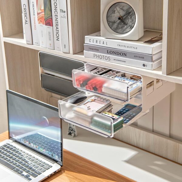 submatches Under Desk Drawer Organizer Slide Out, Hidden Self- adhesive Under Desk Storage Drawer with 2 Layers, Add a Drawer Under Table Storage Pencil Drawer for Office/Classroom/Home, White - Image 4