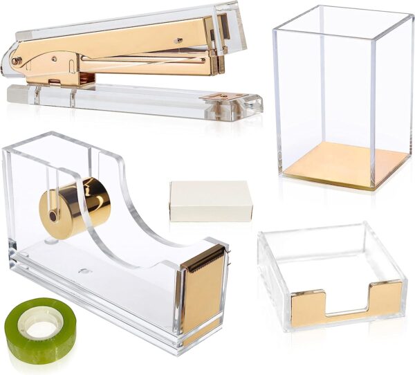 Varuni- Gold Desk Accessories- Office Accessories -Gift Set- Heavy Duty Stapler, Pen Organizer, Tape Dispenser Desk, Clear Sticky Notes- Including Clear Tape and 1000 Staples- Acrylic Desk - Image 9