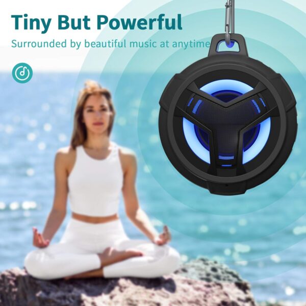 EBODA Bluetooth Shower Speaker， Portable Bluetooth Speakers， IP67 Waterproof Wireless Speaker with LED Light， Floating， 2000mAh， True Wireless Stereo for Kayak， Beach， Gifts for unisex -Black - Image 7