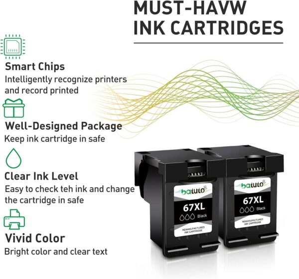 batuto Remanufactured hp 67 Ink cartridges Black/Color Combo Pack for DeskJet 2700 2755 2755e Envy 6000 6400 6455 6458e 6055e DeskJet Plus 4100 4155e with 67xl hp Printer Ink (2 Black Pack) - Image 3