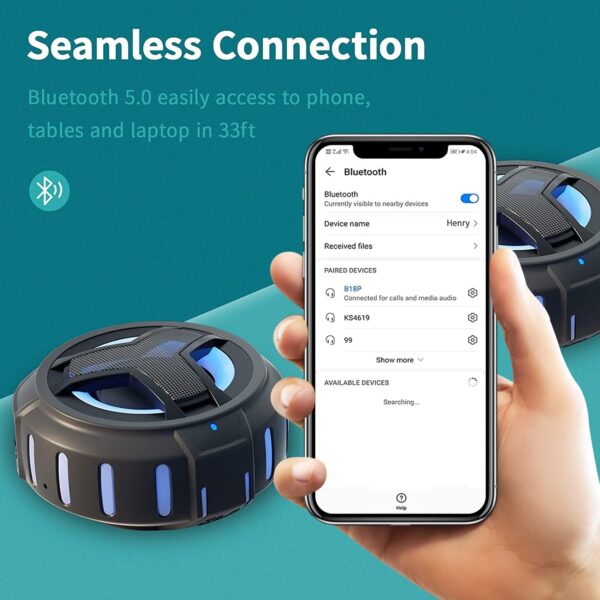 EBODA Bluetooth Shower Speaker， Portable Bluetooth Speakers， IP67 Waterproof Wireless Speaker with LED Light， Floating， 2000mAh， True Wireless Stereo for Kayak， Beach， Gifts for unisex -Black - Image 4
