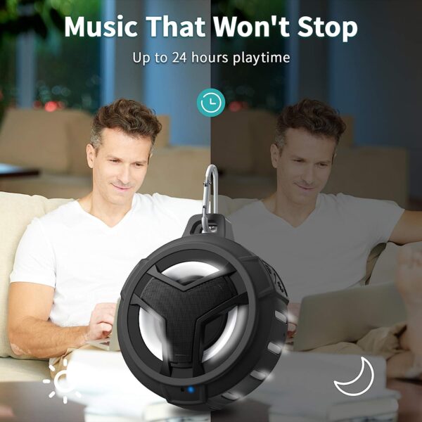 EBODA Bluetooth Shower Speaker， Portable Bluetooth Speakers， IP67 Waterproof Wireless Speaker with LED Light， Floating， 2000mAh， True Wireless Stereo for Kayak， Beach， Gifts for unisex -Black - Image 5