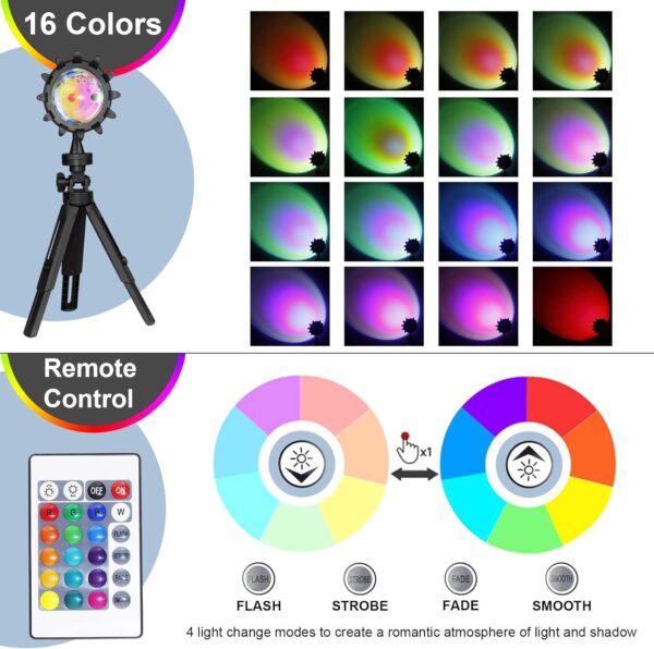 JORETLE Sunset Lamp Projection Lamp USB Sunset Projector Lamp Night Light, 16 Colors 180 Degree Rotation Color Changing Projection Light for Photography, Bedroom, Living Room, Party - Image 8
