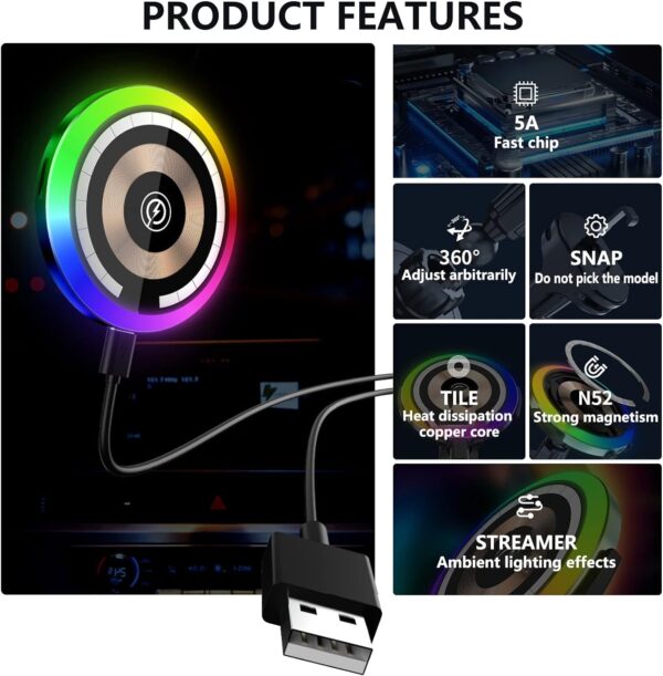 Yonput 1 PC Wireless Car Charger, 15W Decorative Rhythm Light Fast Charging Auto-Clamping Air Vent Car Phone Holder Mount Compatible with iPhone13/12/11/Pro/Mini/Xr/Xs/X/8, Samsung S22/S22 - Image 3