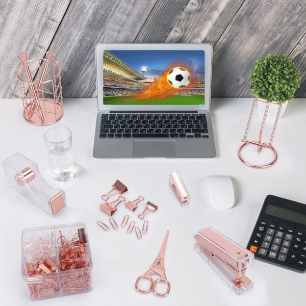 Rose Gold Office Supplies and Accessories, Acrylic Stapler, Staple Remover, Tape Dispenser, Pen Holder, Phone Holder, Scissors, Paper Clips, Binder Clips, 2 Pen and 1000 pcs Staples - Image 2
