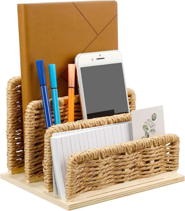 Woven Desk Mail Organizer Upright File Holders Vertical Mail Sorter Small Desk File Organizer Letter Paper Organizer Storage Office Desk Accessories Folder File Sorters for Desktop Home Office - Image 8