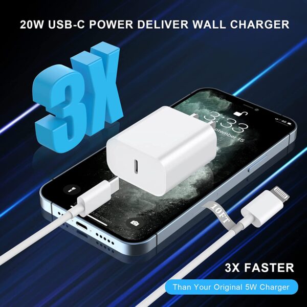 iPhone Charger 10 FT, 3 Pack [Apple MFi Certified] PD 20W USB C iPhone Charger Fast Charging Block with 10FT Long Type C to Lightning Cable Compatible for iPhone 14 13 12 11 Pro Max XS XR X 8 iPad - Image 8