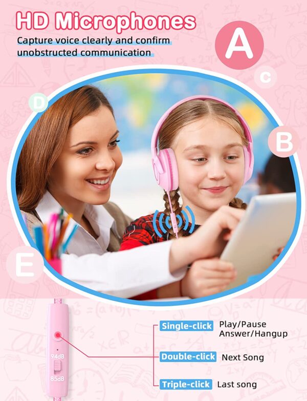 FIUPIA Kids Headphones with Microphone for School, Volume Limit 85/94dB, Stereo Sound, Over-Ear Kids Headphones for Girls Boys, Foldable Kids Headphones Wired for School/Travel/iPad/Fire Tablet - Image 3