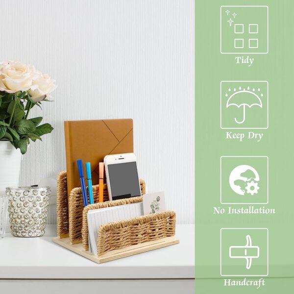 Woven Desk Mail Organizer Upright File Holders Vertical Mail Sorter Small Desk File Organizer Letter Paper Organizer Storage Office Desk Accessories Folder File Sorters for Desktop Home Office - Image 6