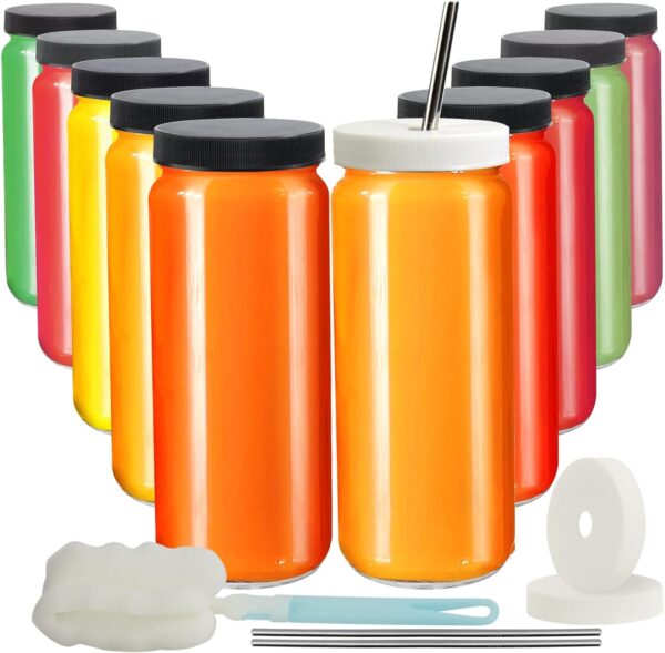 16oz 8 Pack Drinking Glasses with Bamboo Lids and Straw, RUCKAE Beer Can Glass Cups,Iced Coffee Cup,Glass Tumbler with Straw and Lid, Can Shaped Glass Cups for Beer,Smoothies,Cocktail,Whiskey - Image 7