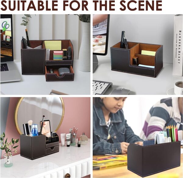 TooCust Leather Office Desk Organizer with Drawer, Multi-function Office Supplies for Desk Top Organizer,Black Mens Desk Accessories,Teacher Desk Organizer for Pen Pencil Holders and Organizers - Image 3