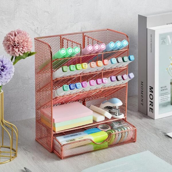 Spacrea Metal Pen Organizer, Pencil Holder for Desk, Desk Organizer with Drawer for School, Home, Art Supplies (Black) - Image 4