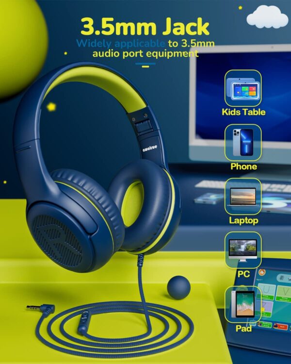 awatrue Kids Headphones-Headset for School with Microphone 85/94dB Volume Limiter 3.5mm Jack Wired Foldable Over-Ear Headphones with Shareport for Girls Boys Children toddlerTeens Blue - Image 2