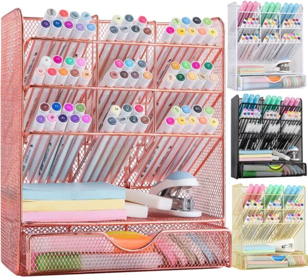 Spacrea Metal Pen Organizer, Pencil Holder for Desk, Desk Organizer with Drawer for School, Home, Art Supplies (Black) - Image 8