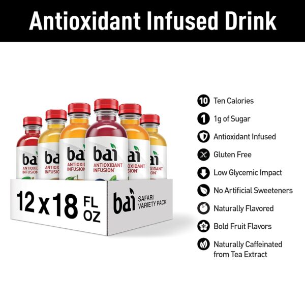 Bai Flavored Water, Safari Variety Pack, Antioxidant Infused Drinks, 18 Fluid Ounce Bottles, 12 Count, 3 Each of Brasilia Blueberry, Costa Rica Clementine, Malawi Mango, Zambia Bing Cherry,18 Fl Oz (Pack of 12) - Image 6
