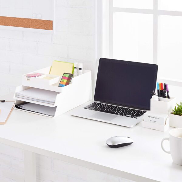 Amazon Basics Plastic Desk Organizer Bundle - Letter Tray 2-Pack/Accessory Tray， White - Image 2