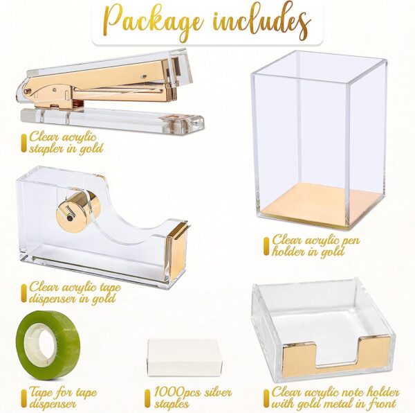 Varuni- Gold Desk Accessories- Office Accessories -Gift Set- Heavy Duty Stapler, Pen Organizer, Tape Dispenser Desk, Clear Sticky Notes- Including Clear Tape and 1000 Staples- Acrylic Desk - Image 8