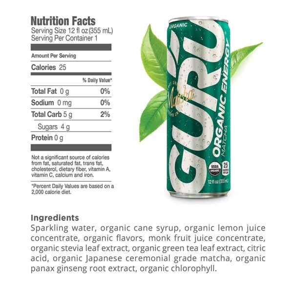 GURU Lite Low Sugar Energy Drink, 24 Pack, Pre Workout Clean Energy Drinks with Green Tea, 100 mg Natural Caffeine, Low Calorie, Vegan, Organic, Plant Based, For Performance & Focus, Lemon 8.4 oz Cans - Image 2
