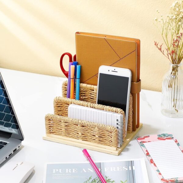 Woven Desk Mail Organizer Upright File Holders Vertical Mail Sorter Small Desk File Organizer Letter Paper Organizer Storage Office Desk Accessories Folder File Sorters for Desktop Home Office - Image 4