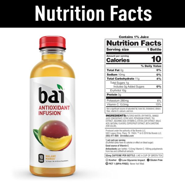 Bai Flavored Water, Safari Variety Pack, Antioxidant Infused Drinks, 18 Fluid Ounce Bottles, 12 Count, 3 Each of Brasilia Blueberry, Costa Rica Clementine, Malawi Mango, Zambia Bing Cherry,18 Fl Oz (Pack of 12) - Image 3