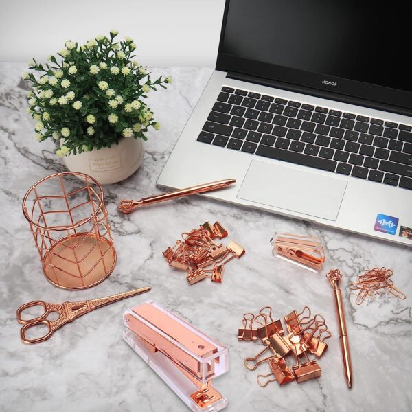 Rose Gold Office Supplies and Accessories, Acrylic Stapler, Staple Remover, Tape Dispenser, Pen Holder, Phone Holder, Scissors, Paper Clips, Binder Clips, 2 Pen and 1000 pcs Staples - Image 3