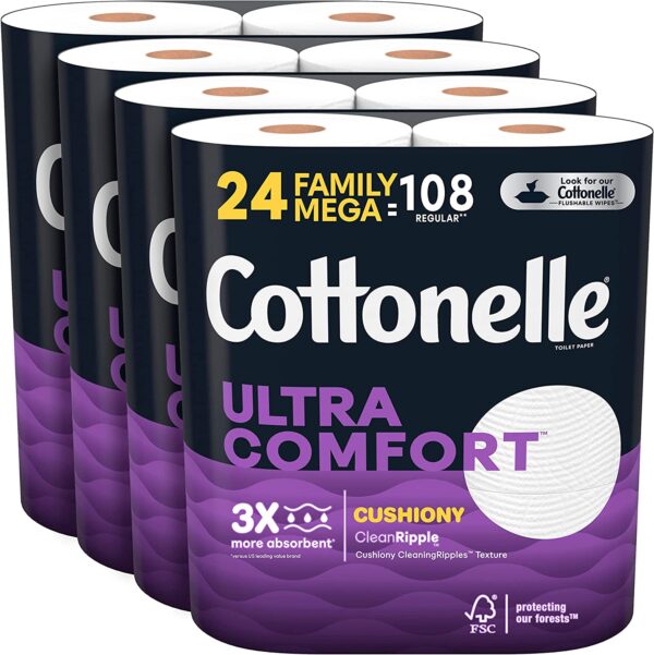 Cottonelle Ultra Comfort Toilet Paper with Cushiony CleaningRipples Texture, 24 Family Mega Rolls (24 Family Mega Rolls = 108 Regular Rolls) (4 Packs of 6), 325 Sheets per Roll, Packaging May Vary - Image 11