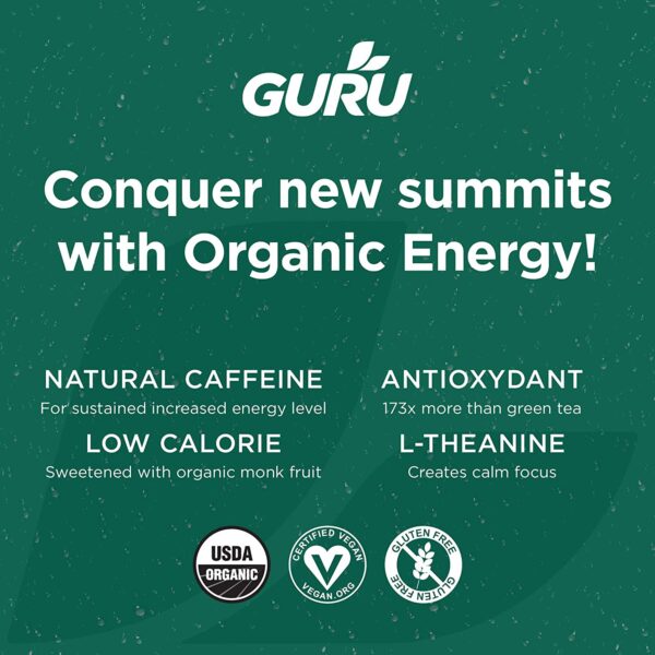 GURU Lite Low Sugar Energy Drink, 24 Pack, Pre Workout Clean Energy Drinks with Green Tea, 100 mg Natural Caffeine, Low Calorie, Vegan, Organic, Plant Based, For Performance & Focus, Lemon 8.4 oz Cans - Image 5