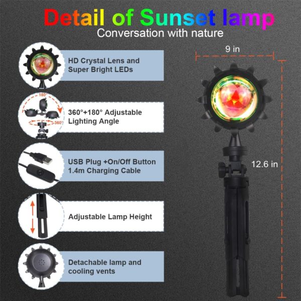 JORETLE Sunset Lamp Projection Lamp USB Sunset Projector Lamp Night Light, 16 Colors 180 Degree Rotation Color Changing Projection Light for Photography, Bedroom, Living Room, Party - Image 7