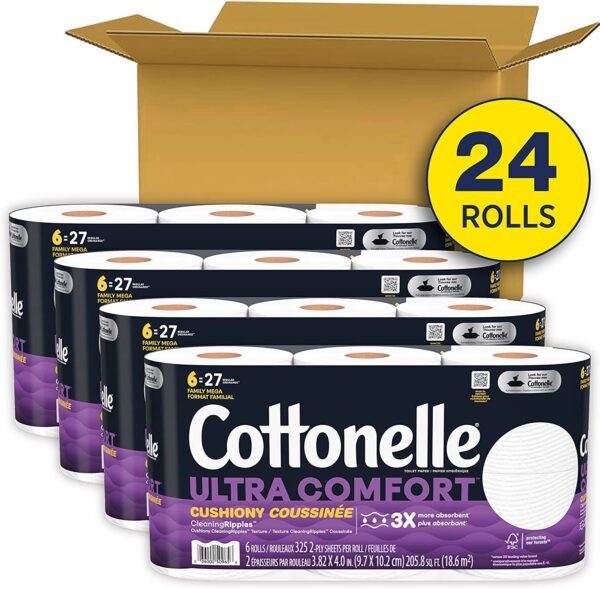 Cottonelle Ultra Comfort Toilet Paper with Cushiony CleaningRipples Texture, 24 Family Mega Rolls (24 Family Mega Rolls = 108 Regular Rolls) (4 Packs of 6), 325 Sheets per Roll, Packaging May Vary - Image 10