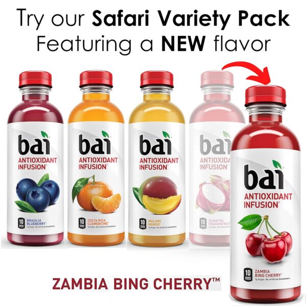 Bai Flavored Water, Safari Variety Pack, Antioxidant Infused Drinks, 18 Fluid Ounce Bottles, 12 Count, 3 Each of Brasilia Blueberry, Costa Rica Clementine, Malawi Mango, Zambia Bing Cherry,18 Fl Oz (Pack of 12) - Image 7