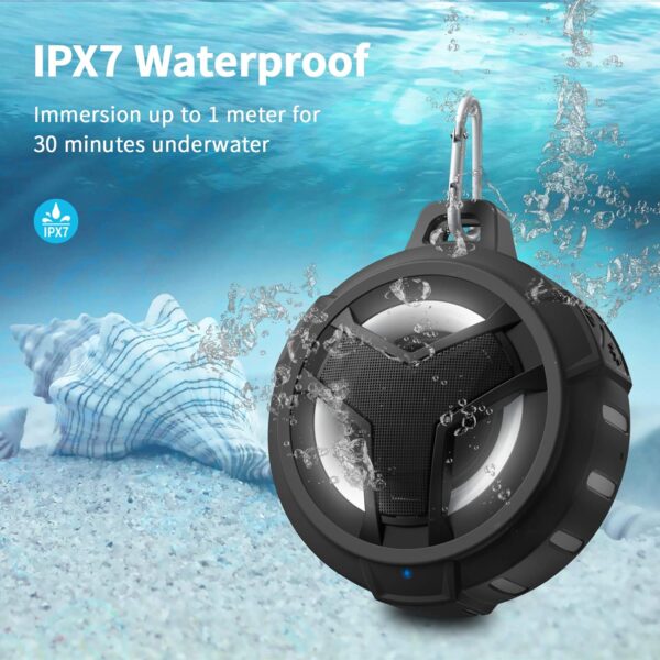 EBODA Bluetooth Shower Speaker， Portable Bluetooth Speakers， IP67 Waterproof Wireless Speaker with LED Light， Floating， 2000mAh， True Wireless Stereo for Kayak， Beach， Gifts for unisex -Black - Image 8