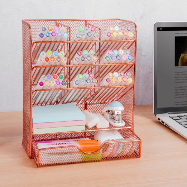 Spacrea Metal Pen Organizer, Pencil Holder for Desk, Desk Organizer with Drawer for School, Home, Art Supplies (Black) - Image 3