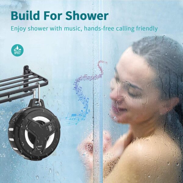 EBODA Bluetooth Shower Speaker， Portable Bluetooth Speakers， IP67 Waterproof Wireless Speaker with LED Light， Floating， 2000mAh， True Wireless Stereo for Kayak， Beach， Gifts for unisex -Black - Image 2