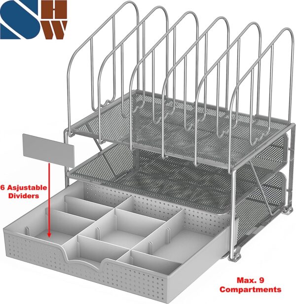 DecoBros Mesh Desk Organizer with Double Tray, 5 Upright Sections and Sliding Drawer, Black - Image 5