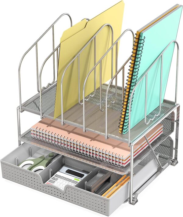 DecoBros Mesh Desk Organizer with Double Tray, 5 Upright Sections and Sliding Drawer, Black - Image 3